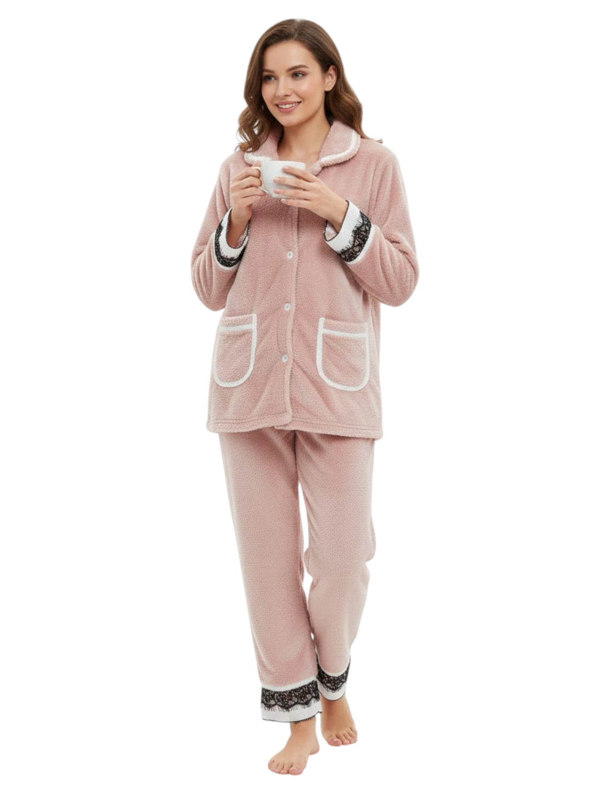 Image for Women's Faux Fur Pajama Set,Blush Beige