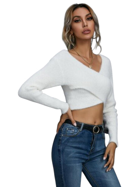 Image for Women's Wrap Knitted Shiny Top,White