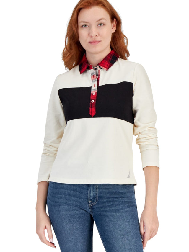 Image for Women's Colorblocked Polo Top,Light Beige
