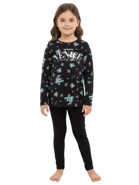 Image for Kids Girl's Floral Printed Pajama Set,Black