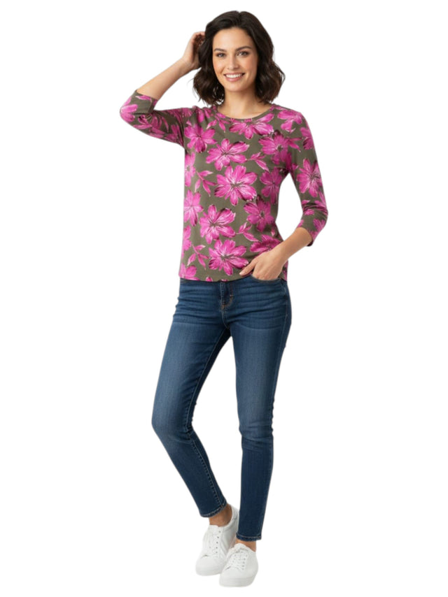 Image for Women's Floral Printed Top,Olive/Pink