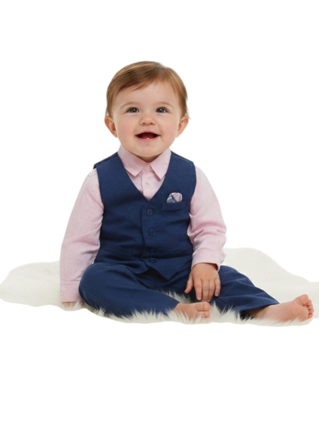 Image for Kids Boy's Plaid Chemise &Vest&Pant,Navy/Pink