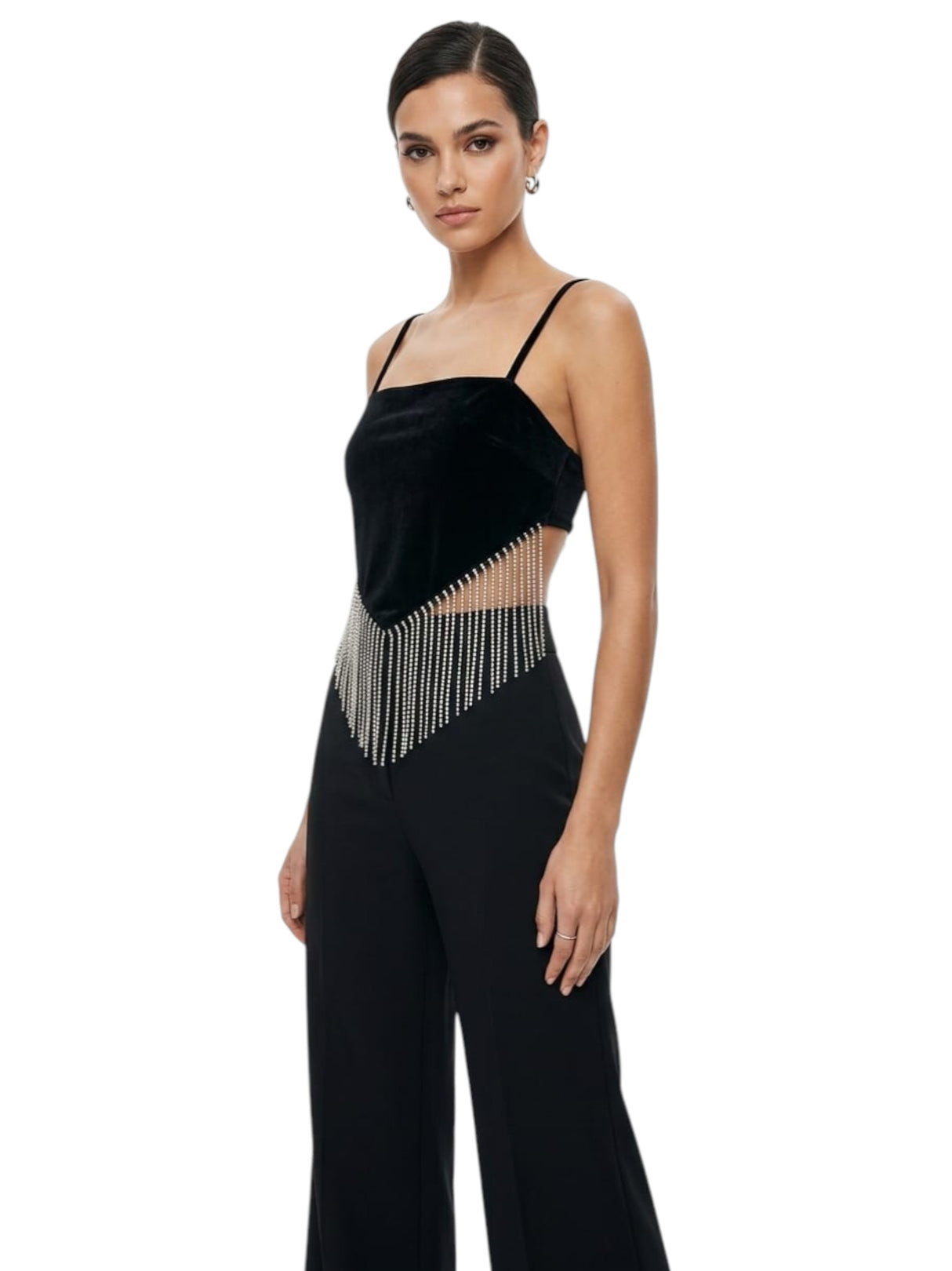 Image for Women's Strass Fringe Velour Crop Top,Black