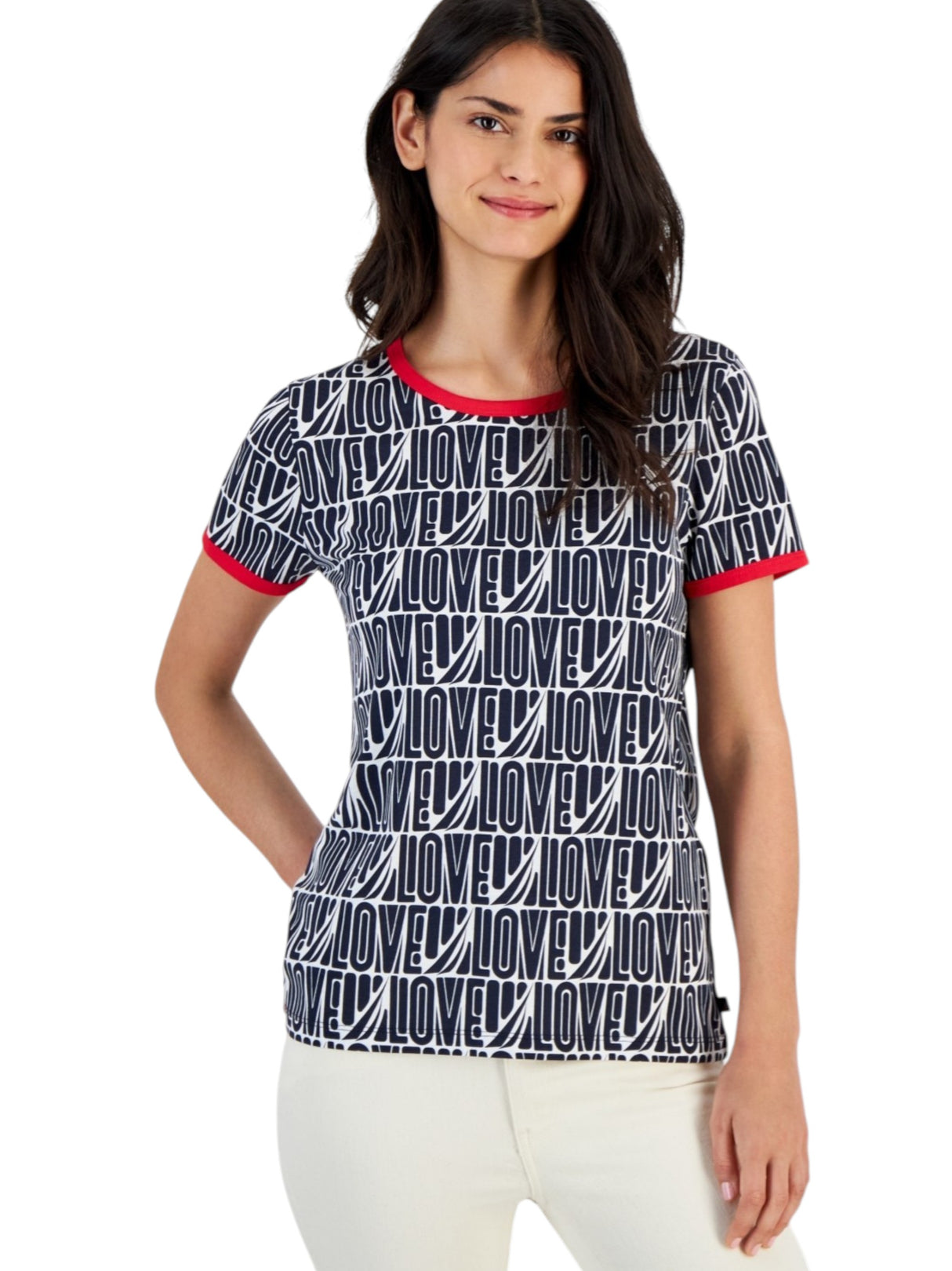 Image for Women's Navy Pinted Top,White