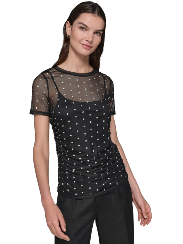 Image for Women's Rhinstones Mesh Sheer Top& Linen Top,Black