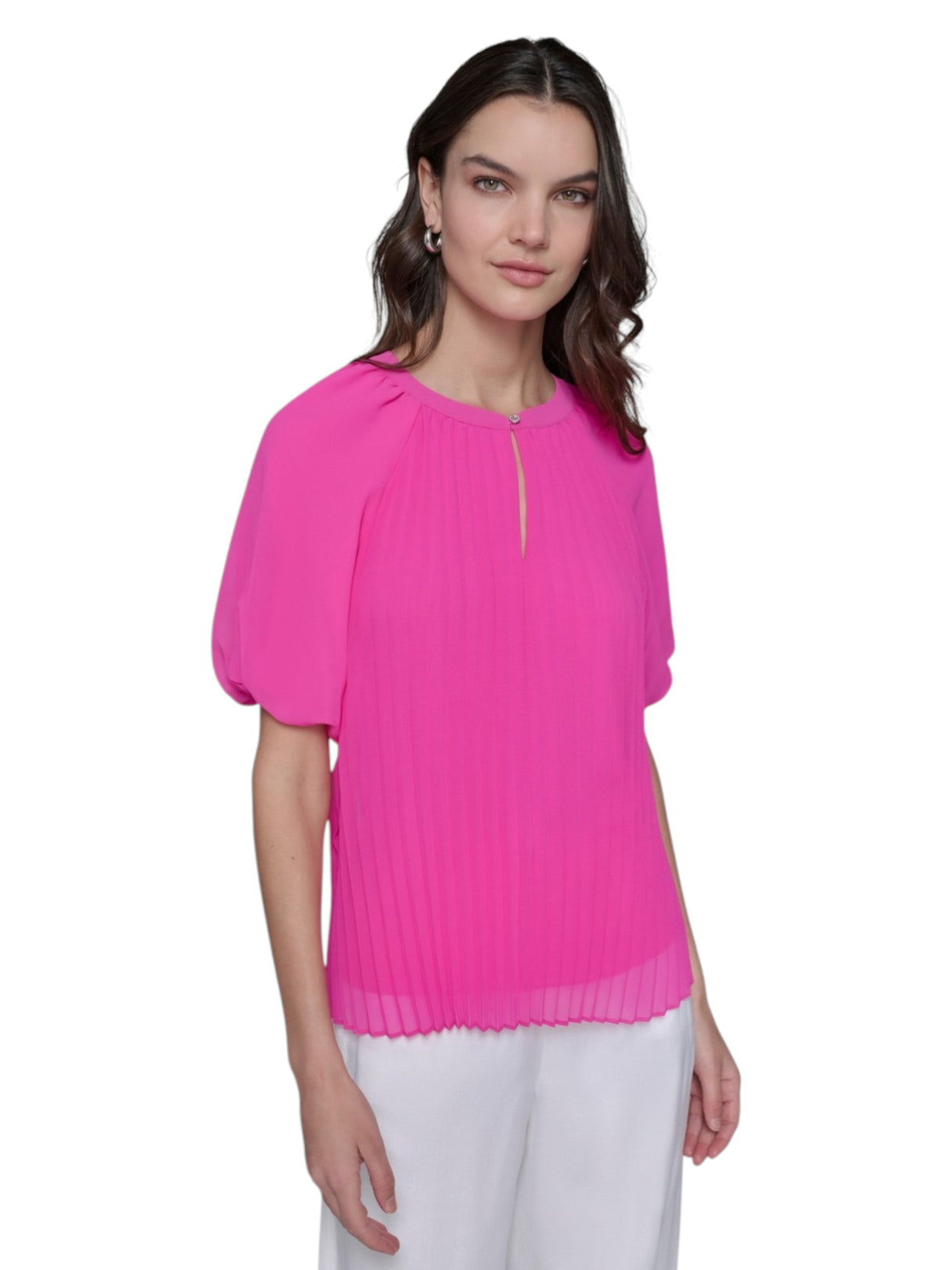 Image for Women's Distressed Puff Sleeve Top,Pink