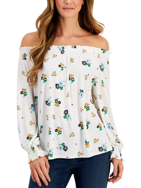 Image for Women's Printed Cold Shoulders Top,White