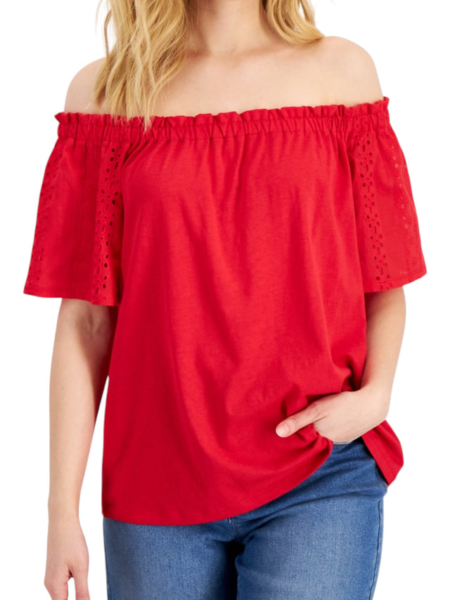 Image for Women's Embroidered Cold Shoulder Top,Red
