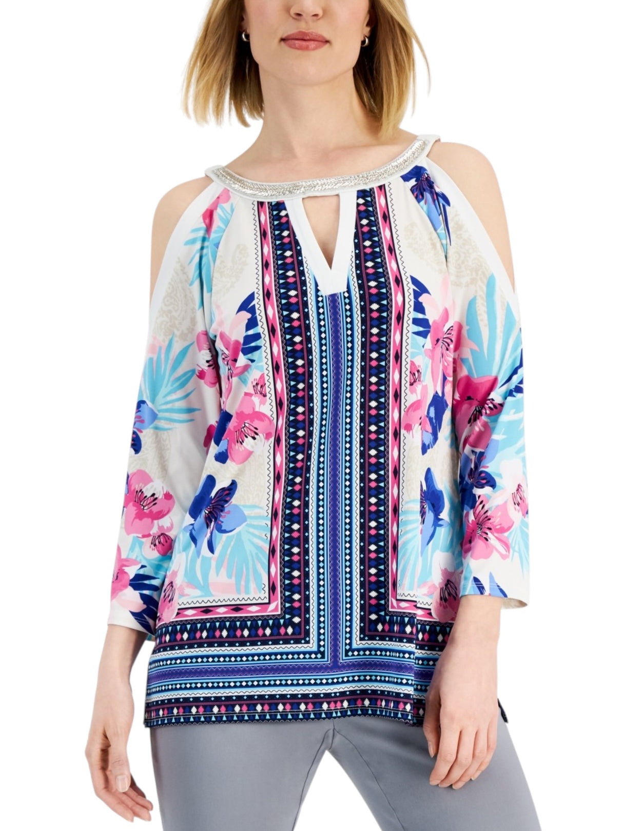 Image for Women's Printed Cold Shoulders Top,Multi