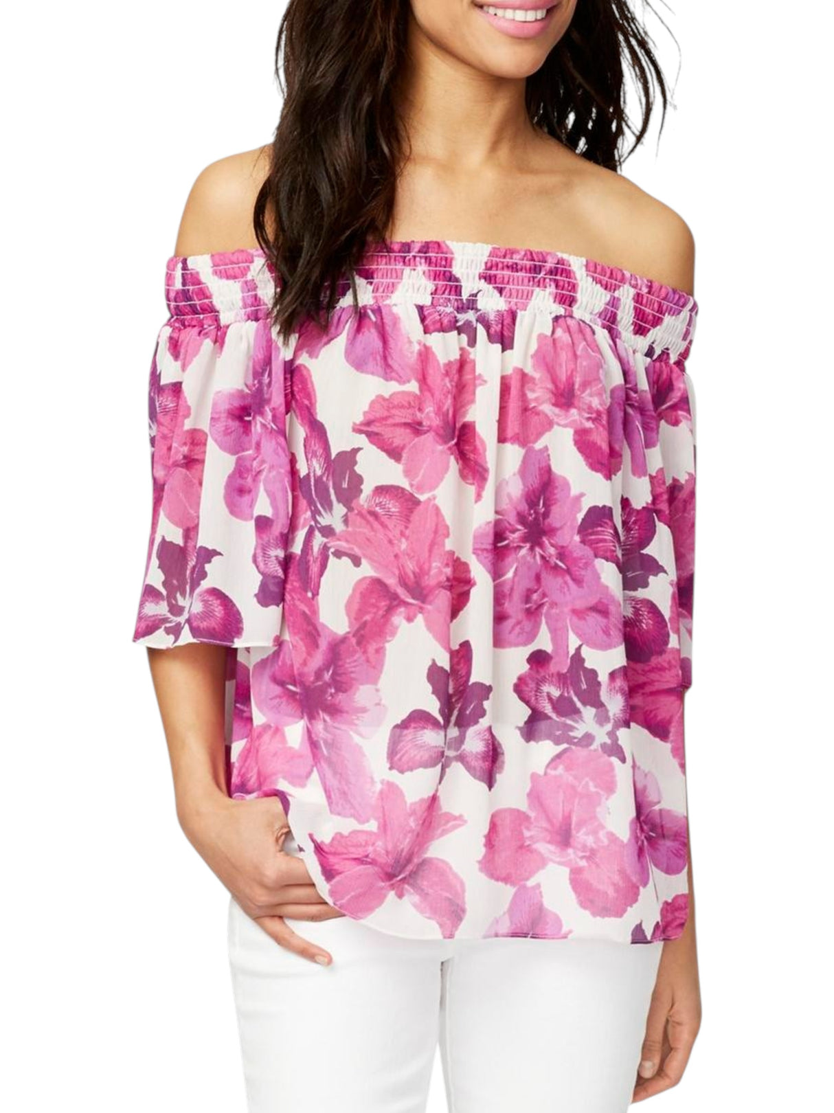 Image for Women's Floral Printed Cold Shoulders SheerTop,Multi