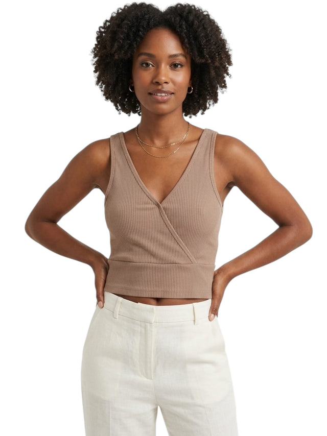 Image for Women's Ribbed Crop Top,Dark Beige