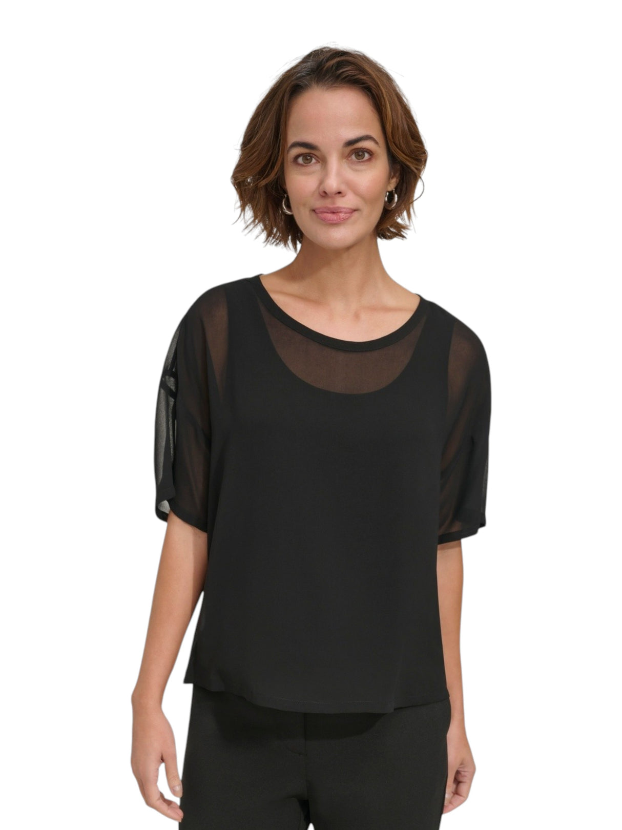 Image for Women's Plain 2Pieces Chiffon Mesh Top&Sleeveless Top,Black