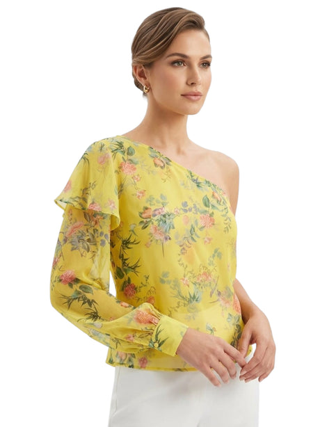 Image for Women's Printed One Off Shoulder Sheer Top,Yellow