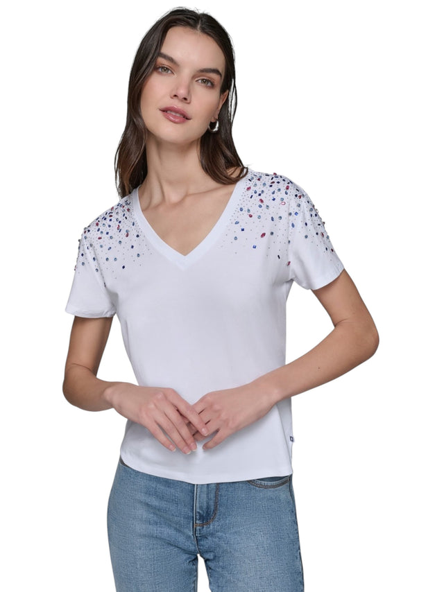 Image for Women's Colorfull Rhinestones Plain Top,White