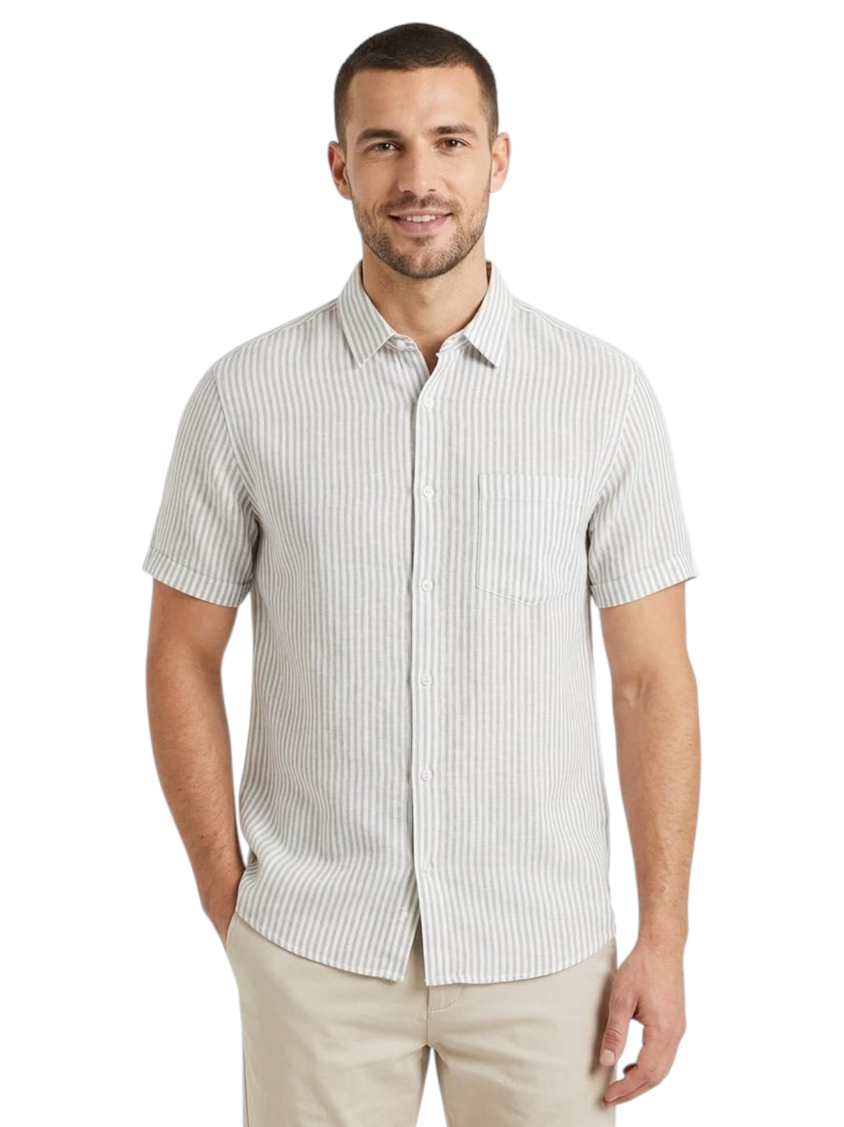 Image for Men's White Striped Dress Shirt,Dusty Olive