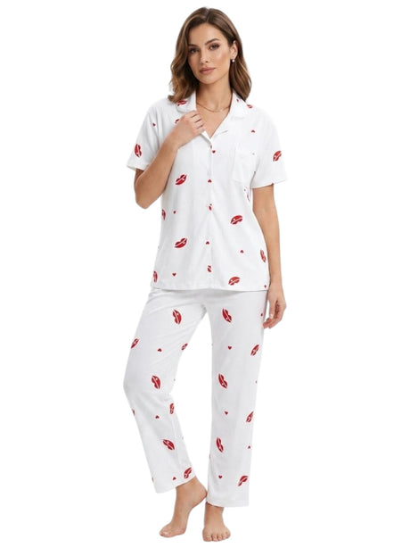 Image for Women's Red Printed Pajama Set,White
