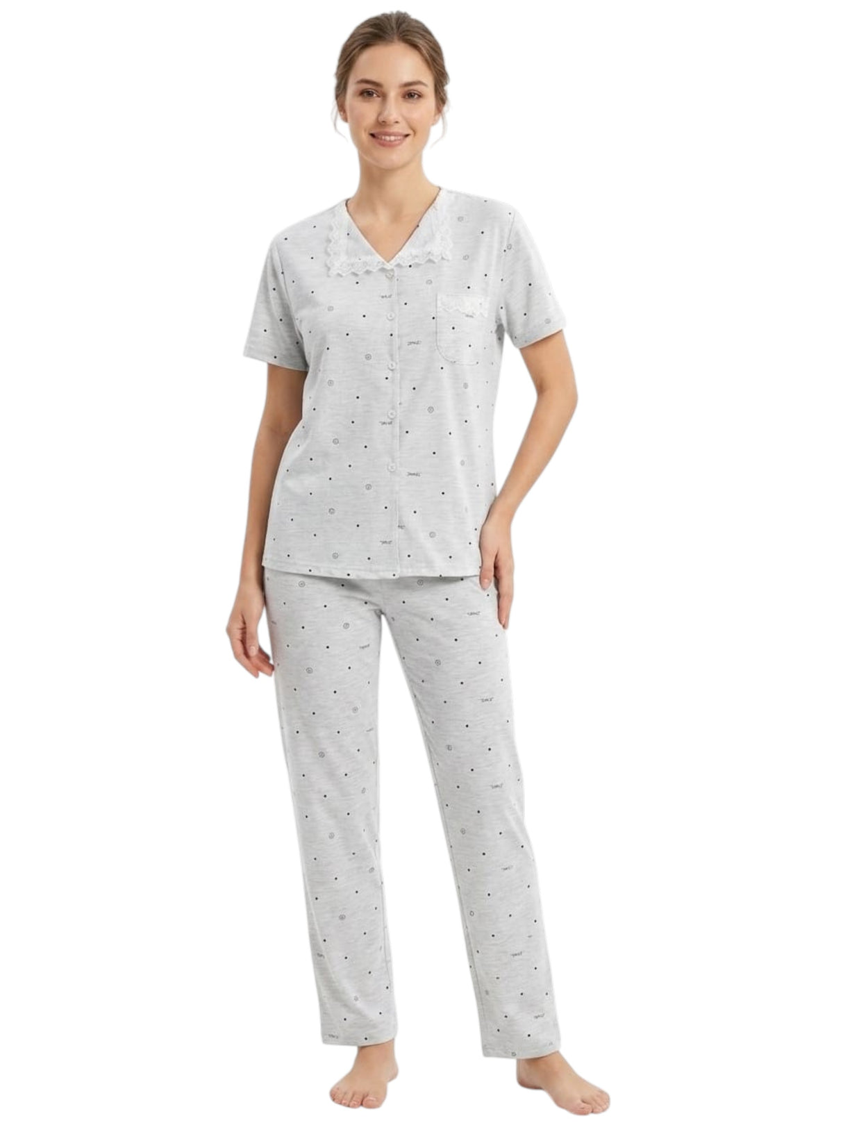 Image for Women's Printed Pajama Set,Light Grey