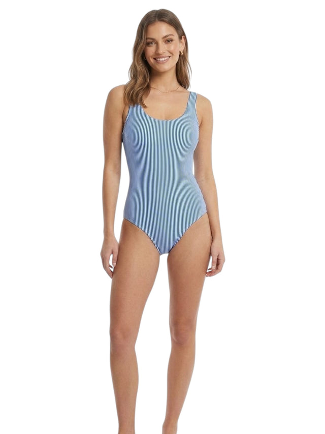 Image for Women's Striped One Piece Swimsuit,White/Blue