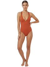 Image for Women's Plain Solid Open Back One Piece Swimsuit,Brick