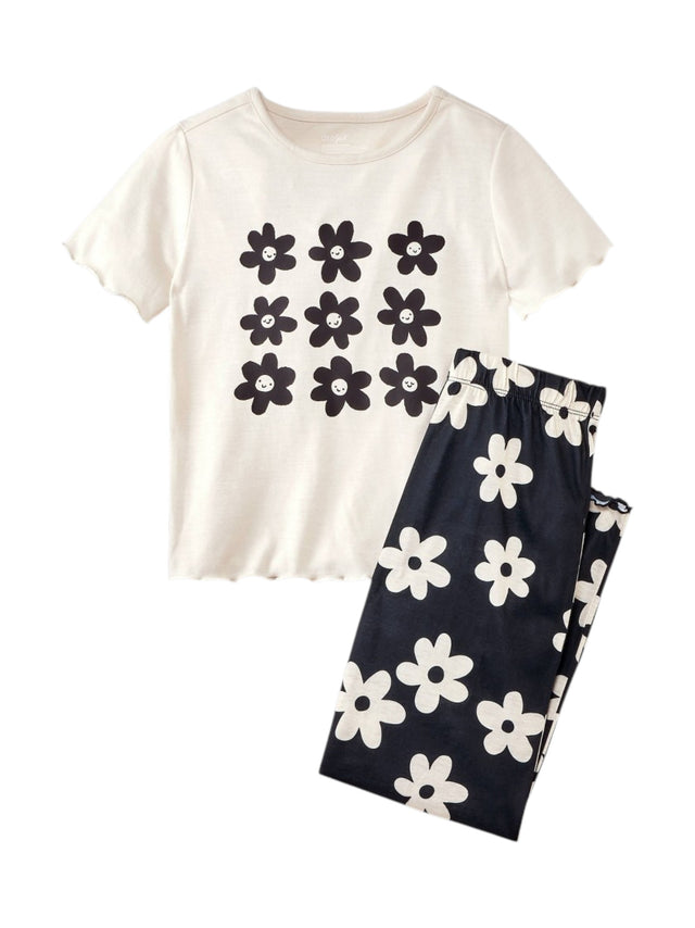 Image for Kids Girl's Floral Printed Pajama Set,Beige/Black