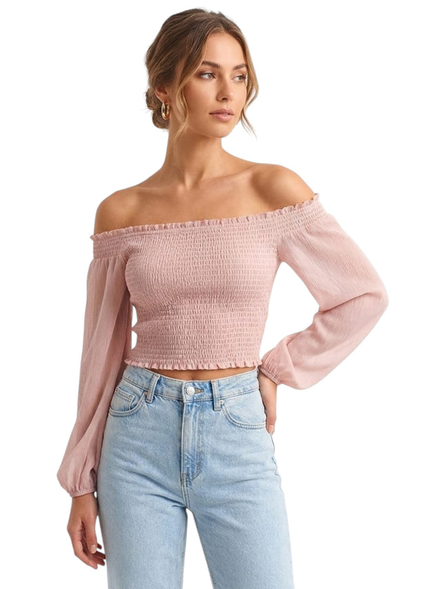 Image for Women's  Cold Shoulders Smok Top,Dusty Rose