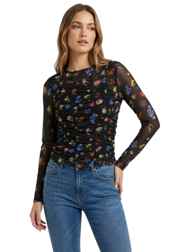 Image for Women's Floral Printed Sheer Top,Black