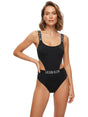 Image for Women's Brand Logo Printed Open Back Swimsuit,Black