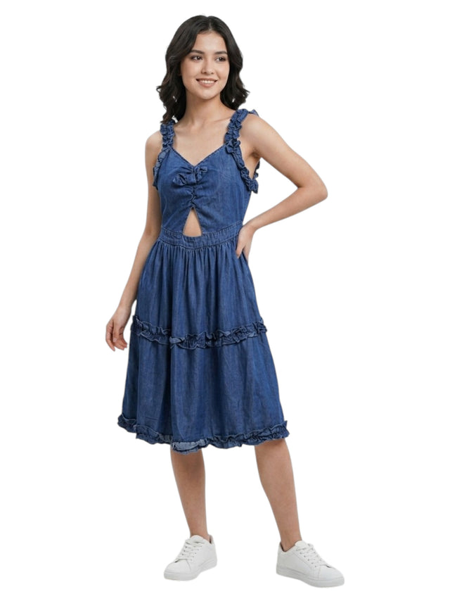 Image for Kids Girl's Plain Denim Dress With Mini Ruffled,Dusty Blue