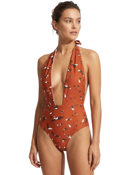 Image for Women's Printed One Pieces Open Back Swimsuit,Brick
