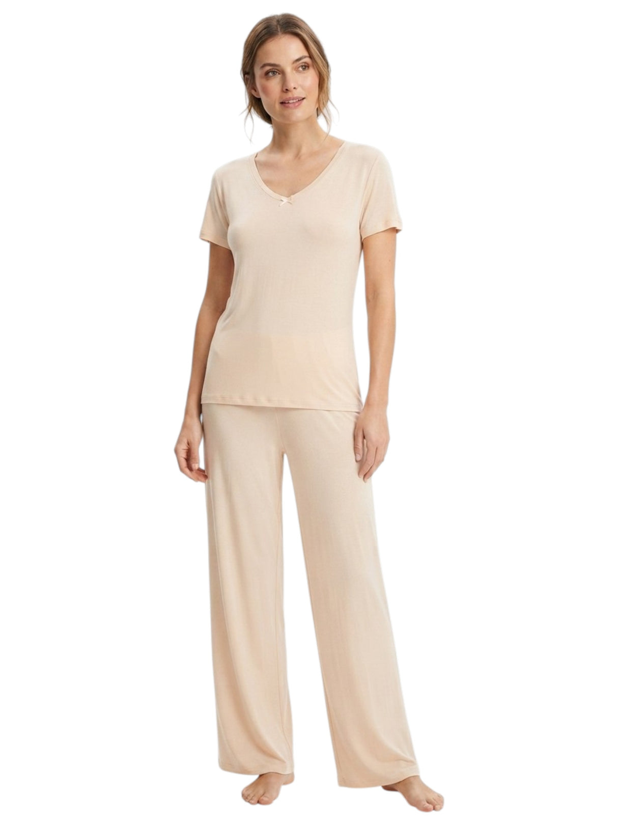 Image for Women's Plain Solid Sleepwear Set Top&Pant,Beige