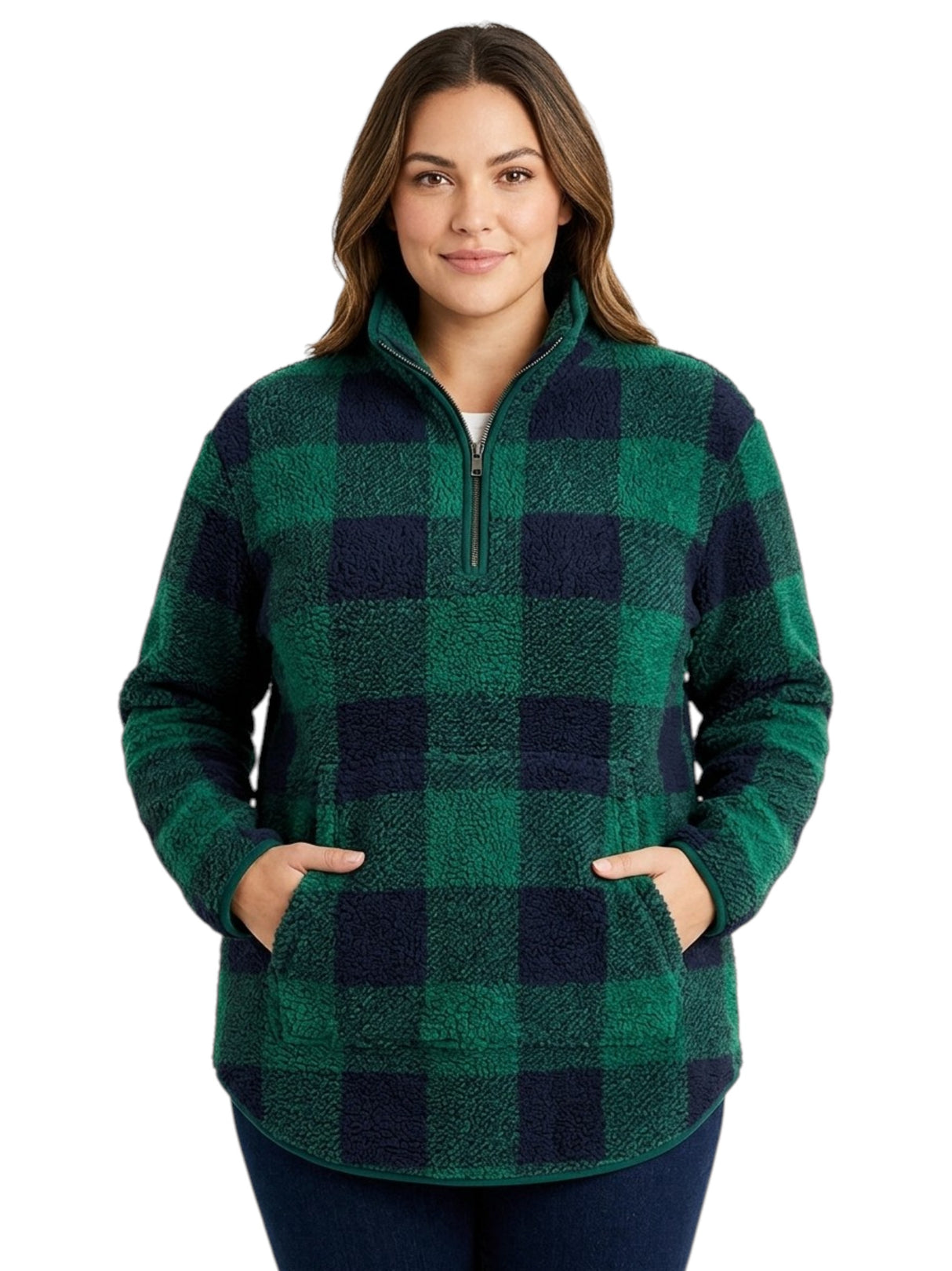 Image for Women's Plaid Faux Fur Sweaters,Green/Navy