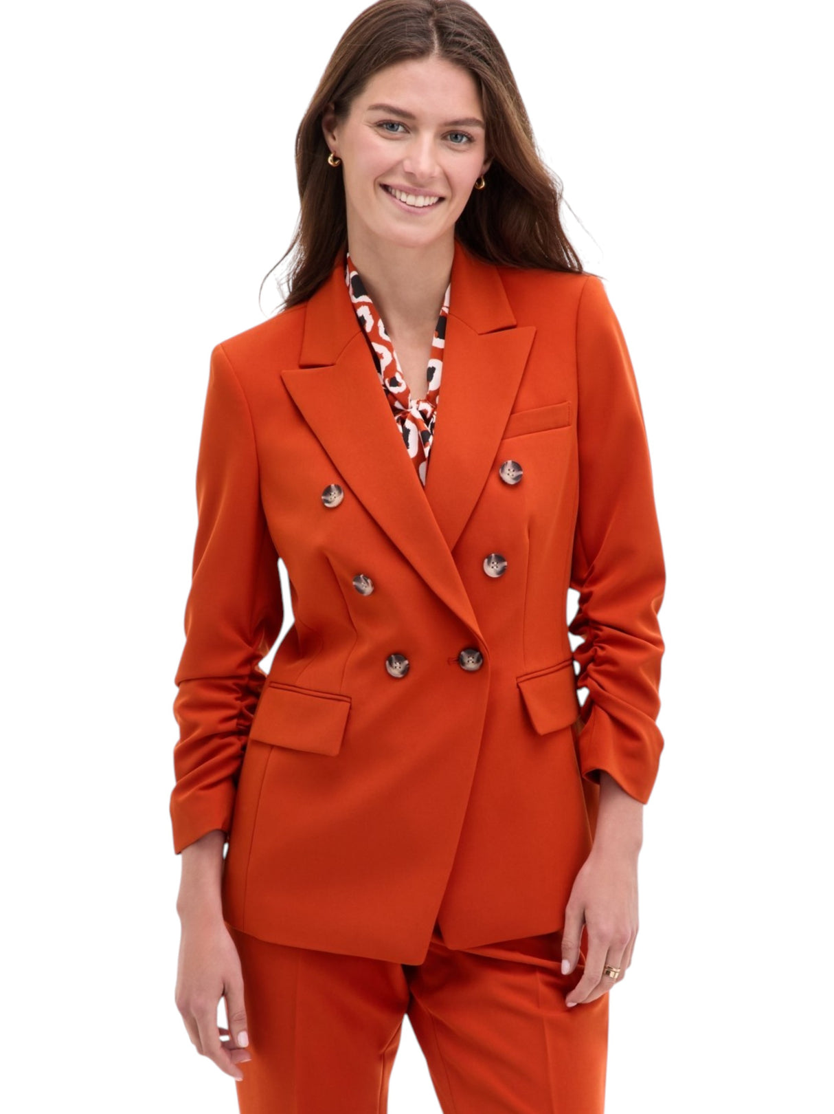 Image for Women's Plain Solid Ruched-Sleeve Blazer,Rust