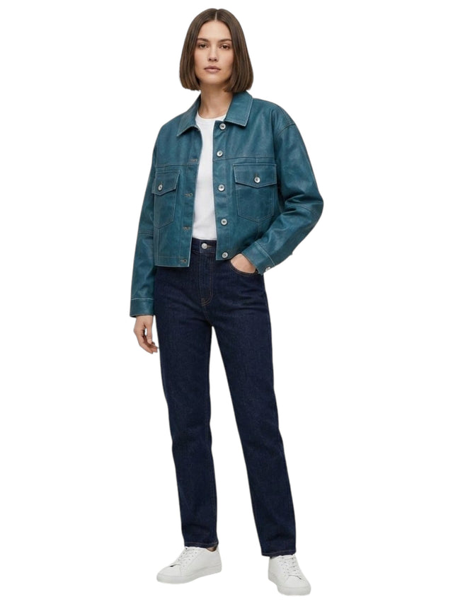 Image for Women's Plain Denim Faux-Leather Cropped Jacket,Blue