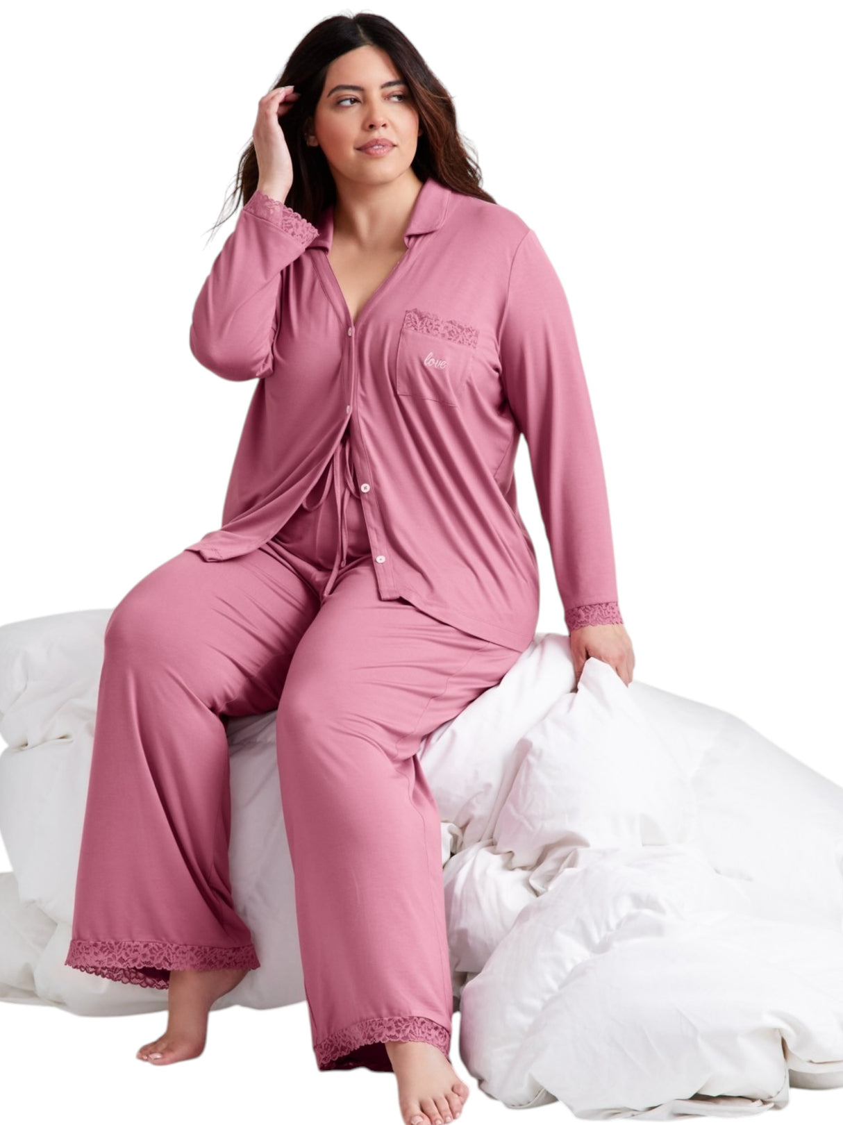 Image for Women's Textured Lace Sleepwear Set,Berry Pink