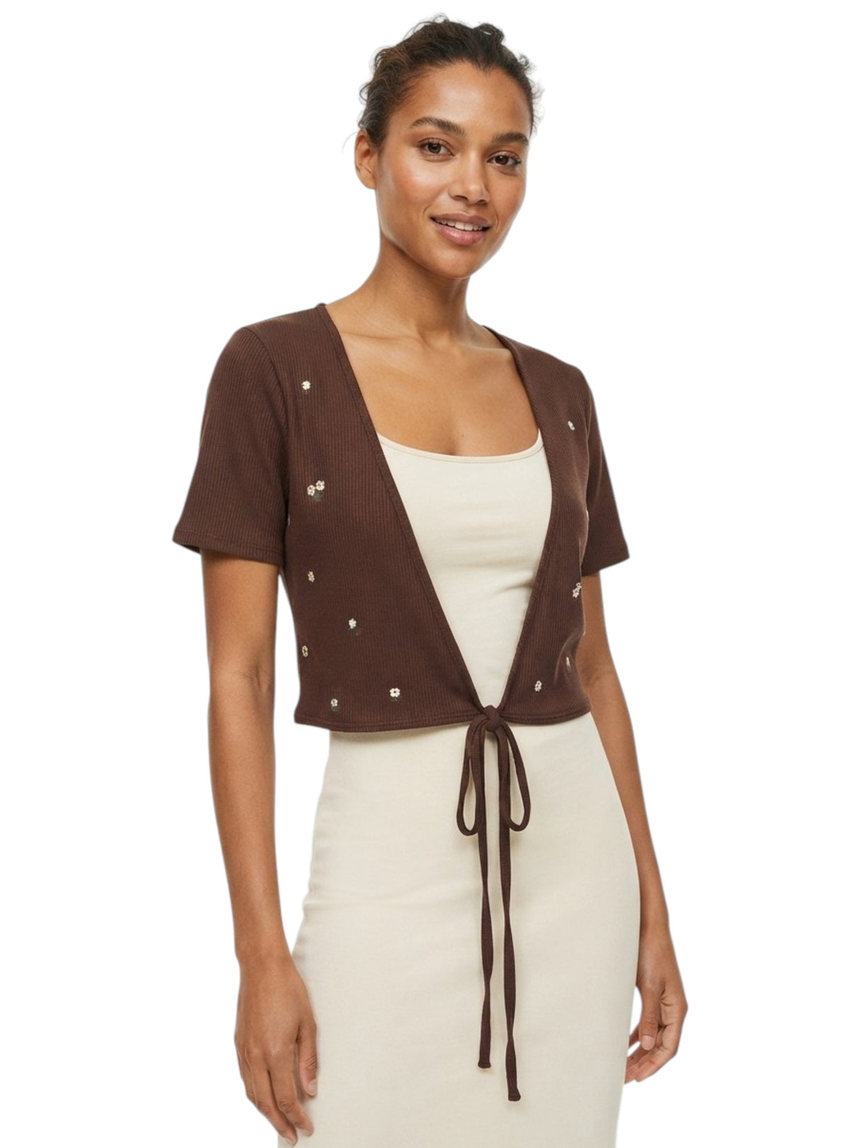 Image for Women's Ribbed Floral Printed Cardigan,Brown