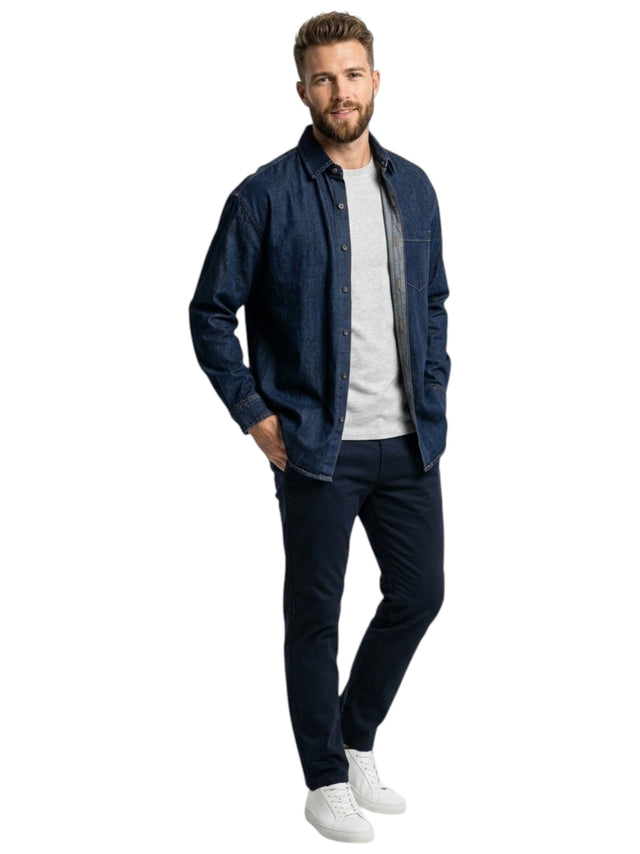Image for Men's Plain Solid Denim Dress Shirt,Navy