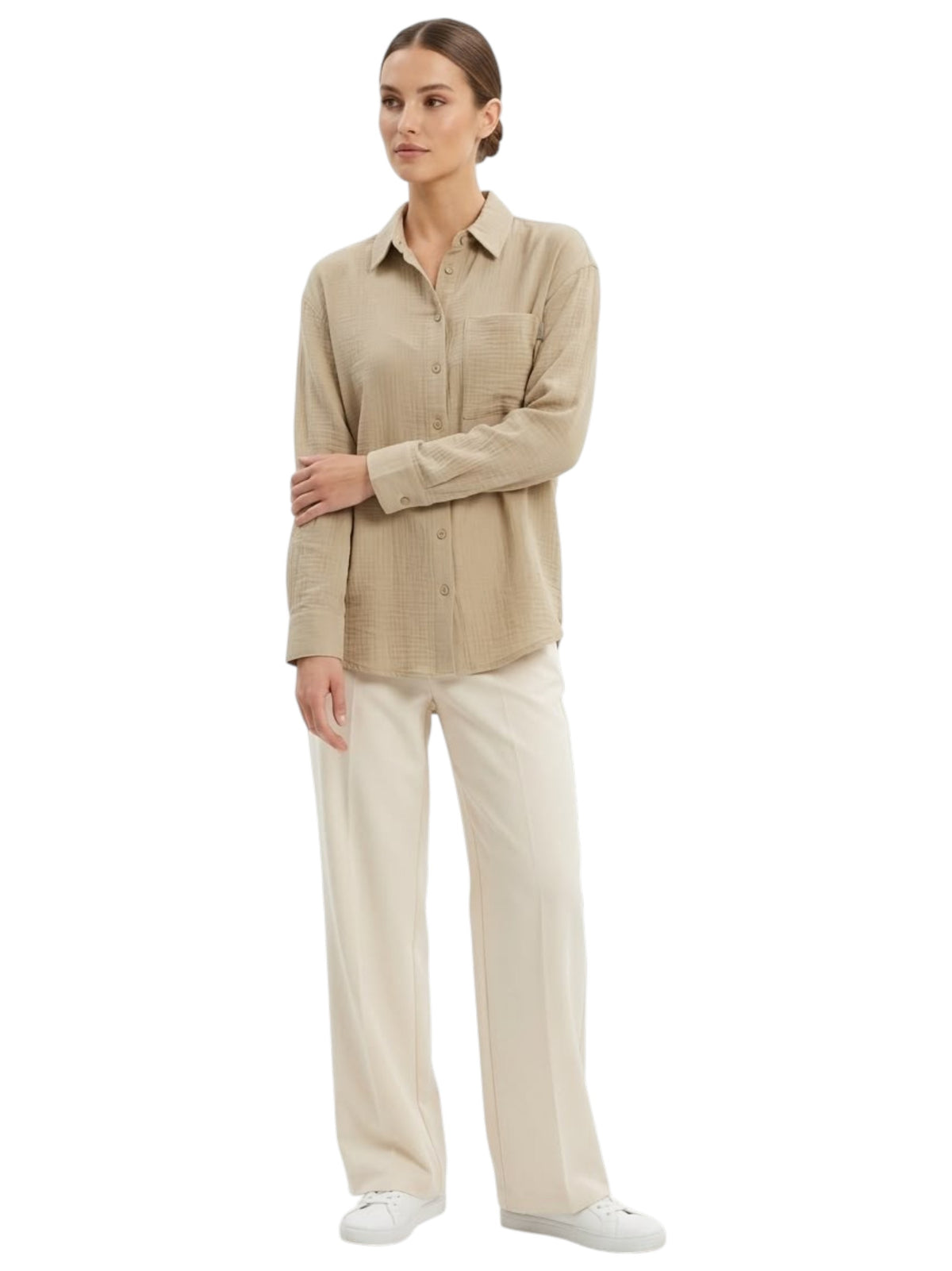 Image for Women's Plain Solid Linen Dress Shirt,Dark Beige