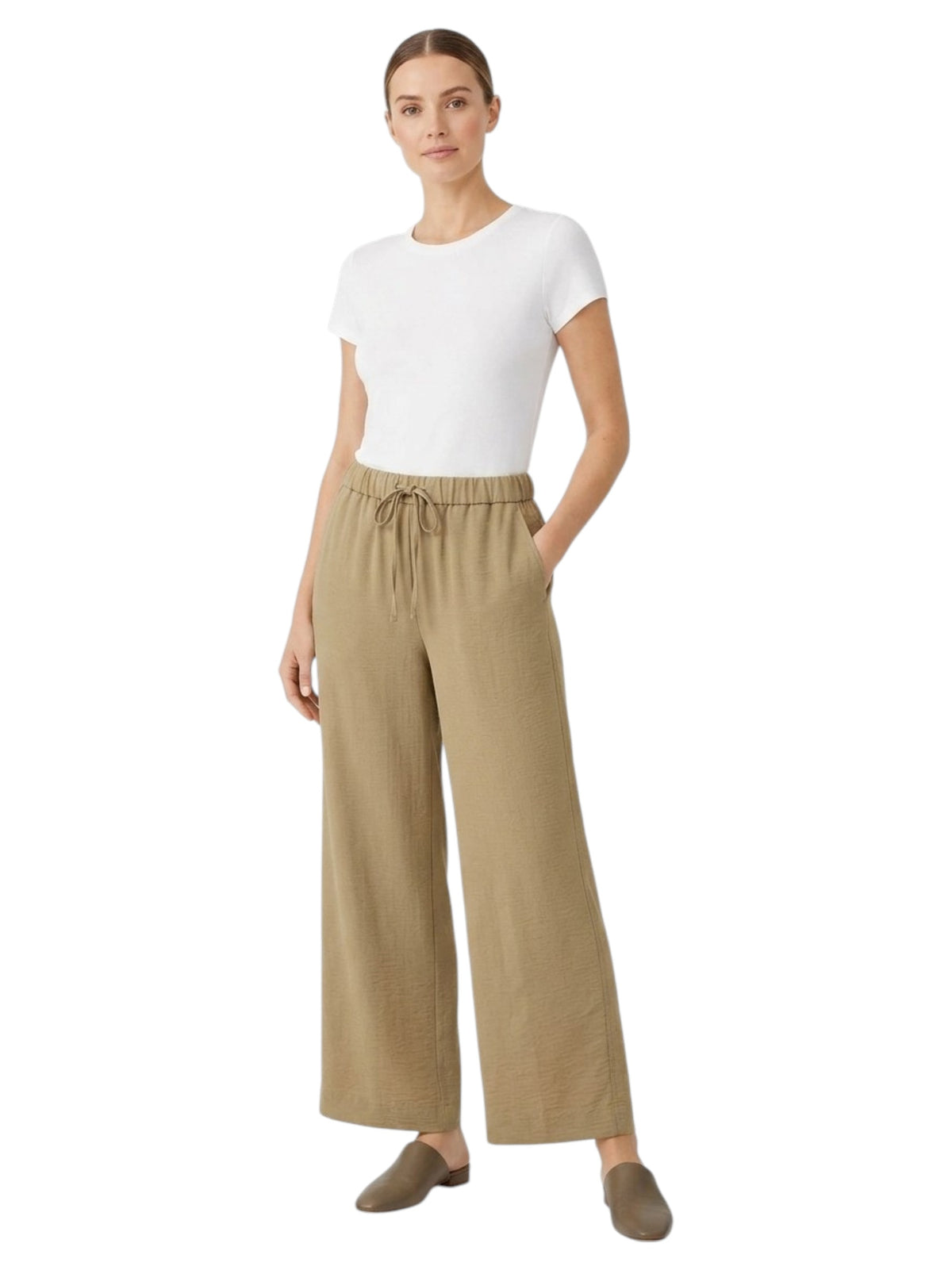 Image for Women's Plain Solid Linen Pant,Olive Beige