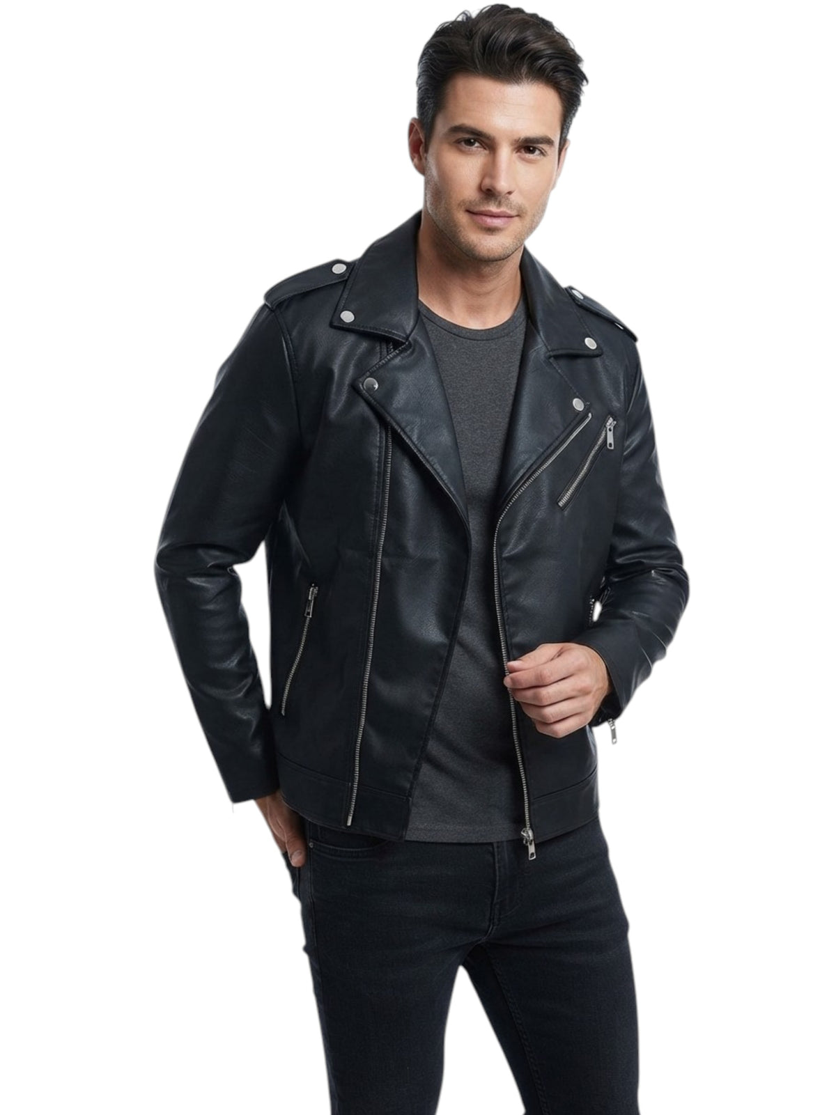 Image for Men's Plain Solid Leather Jacket,Black