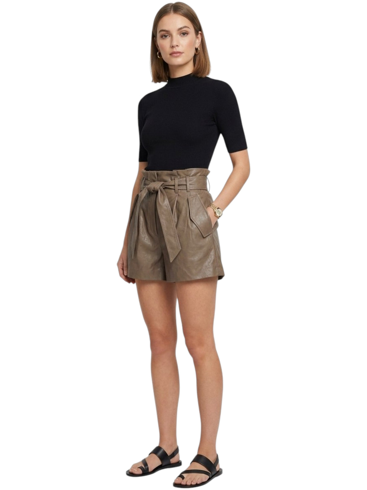 Image for Women's Plain Leather Short With Belt,Brown