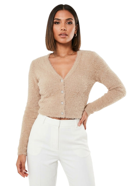 Image for Women's Plain Faux Fur Cardigan,Dusty Beige