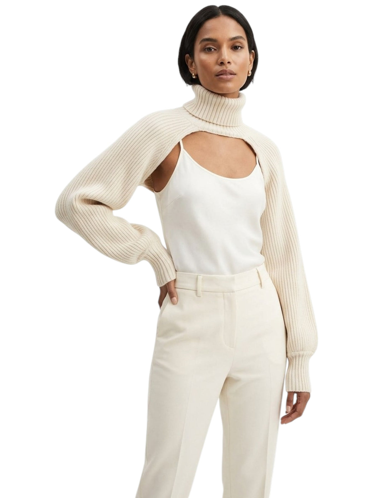 Image for Women's Knitted Turtleneck Arm Warmer Top,Beige