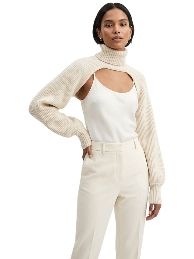 Image for Women's Knitted Turtleneck Arm Warmer Top,Beige
