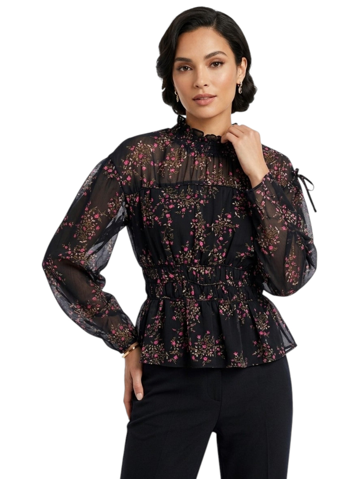 Image for Women's Floral Printed Mesh Top,Black