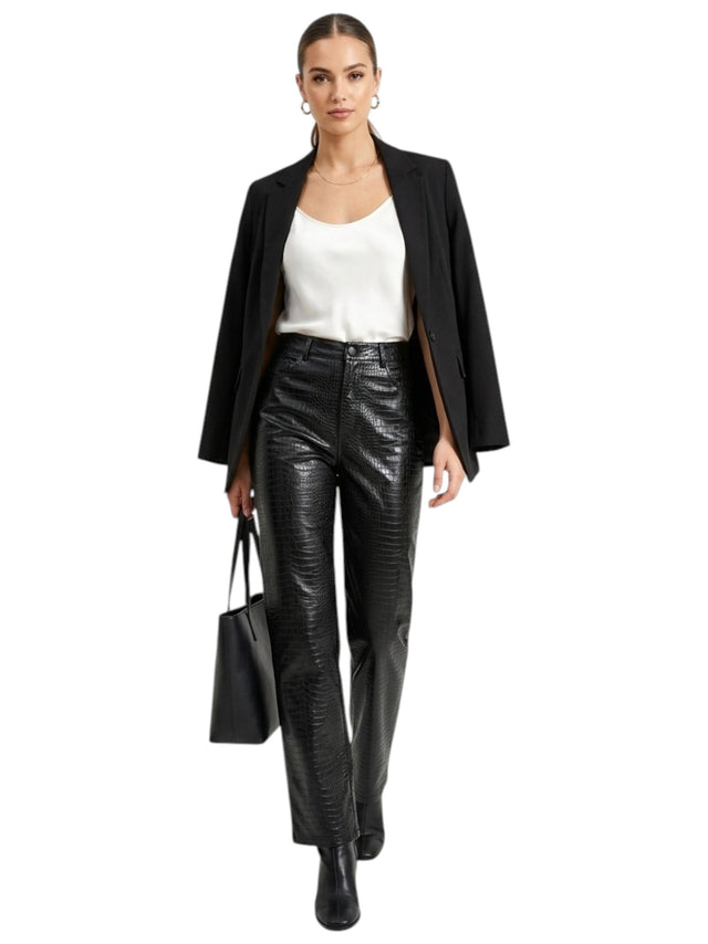 Image for Women's Textured Leather Pants,Black