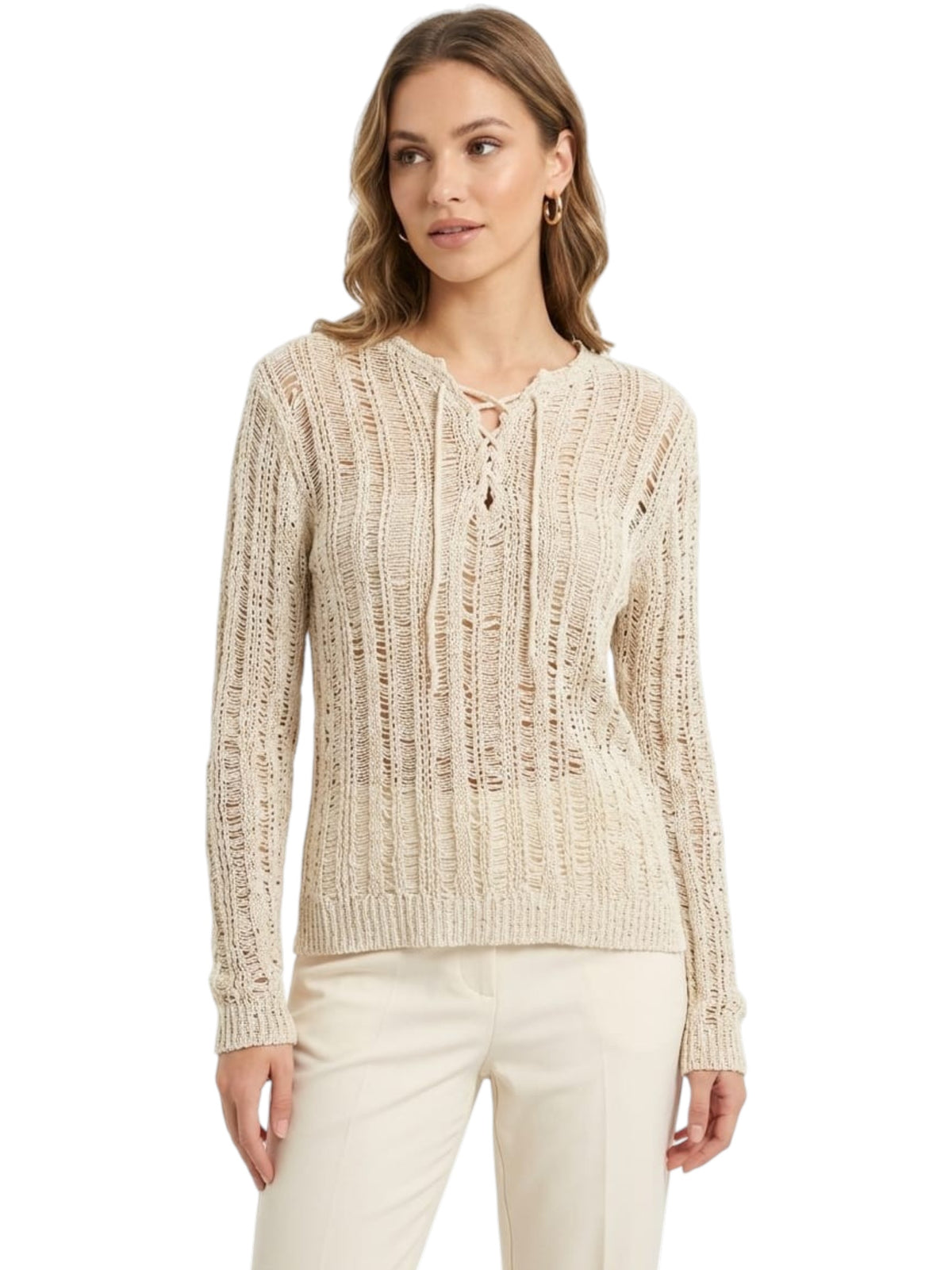 Image for Women's Textured Open Knitted Top,Beige