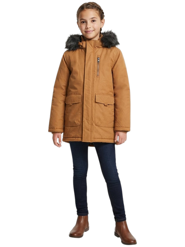 Image for Kids Girl Plain Jacket with Fur Hood,Light Brown