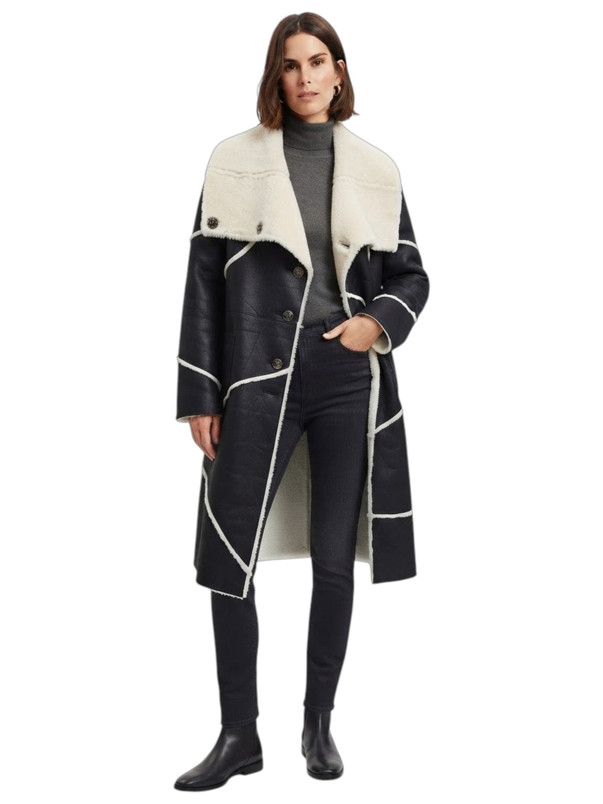 Image for Women's Plain Leather Inside Fur Coat,Black