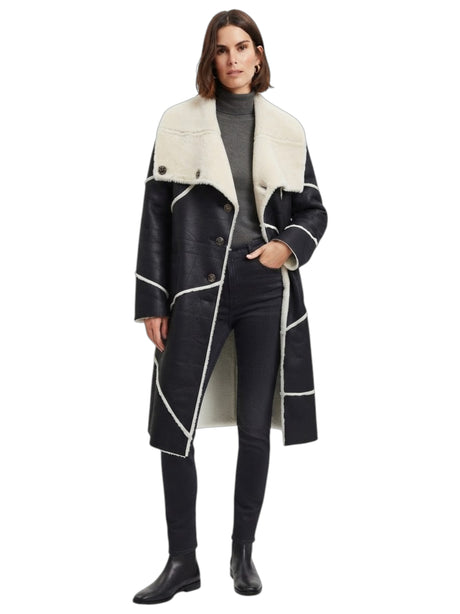 Image for Women's Plain Leather Inside Fur Coat,Black