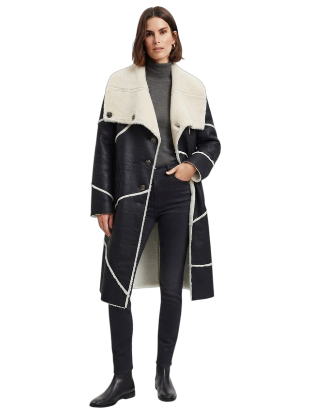 Image for Women's Plain Leather Inside Fur Coat,Black